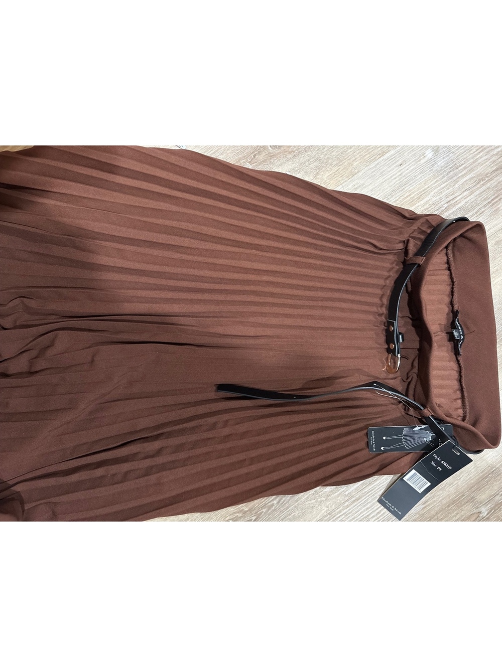Elizabeth and Nicole brown pleated dress